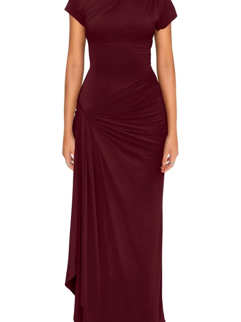 Amazon Burgundy Ruched Cap-Sleeve Plus Size Maxi Dress